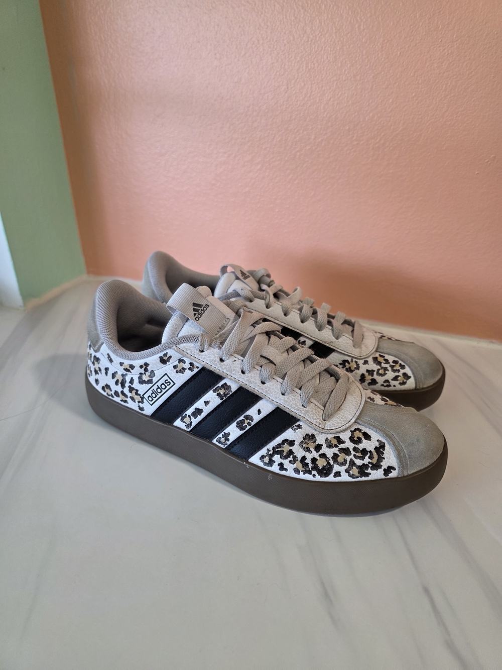Adidas Leopard Print Court-style Sneakers in Beige & Black